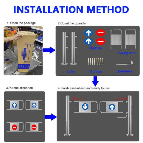 Installation method for Rock Solid Industrial Heavy Duty Spring Loaded Safety Swing Gate, showing assembly steps and components.
