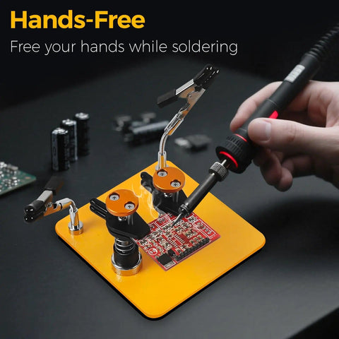 Dual Clamp Soldering Helper Stand with Quick Release Third Hand for electronics PCB repair on yellow base in use.