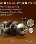 Ball Door Knob Privacy Function For Bedroom And Bathroom With Exterior Release Button Coin Or Screwdriver Release Antique Brass Finish 1 Pack ANSI Grade 3 Security No Key Needed shown with features icons.