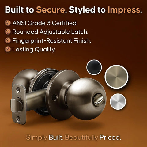Ball Door Knob Privacy Function For Bedroom And Bathroom With Exterior Release Button Coin Or Screwdriver Release Antique Brass Finish 1 Pack ANSI Grade 3 Security No Key Needed shown with features icons.