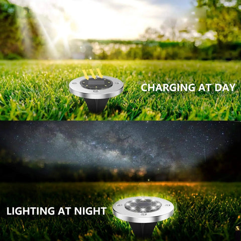 Upgraded Solar Ground Lights Eight Pack Super Bright Outdoor In Ground Garden Lights Waterproof Landscape Lights, day and night use.
