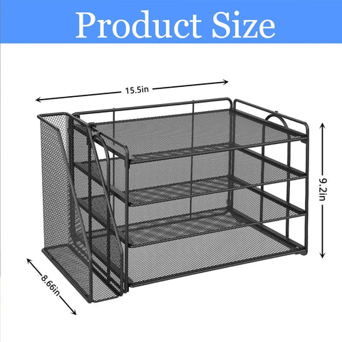 Image of 4-Tier Paper Organizer With Magazine Holder, Desktop Storage With Multiple Compartments For A4 Papers, Files, Books, And Office Accessories, Black Desk Organizer To Tidy Up Your Workspace, showing dimensions of 15.5x8.66x9.2 inches.
