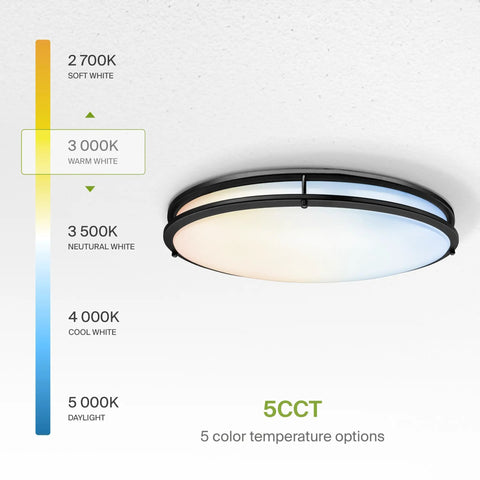 Dope 24 Inch Oval Flush Mount Light With 5CCT Dimmable ETL Listed Low Profile Double Ring Black Fixture showing color temperature options