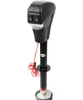 Front view of 3500 lb electric trailer tongue jack on A-frame, black housing, 18-inch lift, red power wire.
