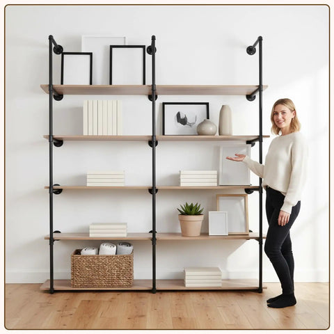 Industrial Pipe Shelf Five Tier 72 Inch Floating Pipe Book Shelves for Living Room with iron pipes and wood finish