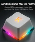 Premium Wired Mechanical Gaming Keyboard With Solid Aluminum Top Plate And Responsive Full Layout Design Built For Gamers Who Want A Tight Desktop Setup That Actually Slaps close-up of translucent PBT keycap with colorful RGB lighting