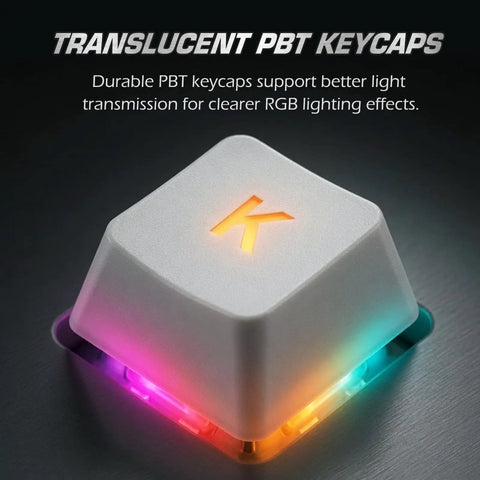 Premium Wired Mechanical Gaming Keyboard With Solid Aluminum Top Plate And Responsive Full Layout Design Built For Gamers Who Want A Tight Desktop Setup That Actually Slaps close-up of translucent PBT keycap with colorful RGB lighting