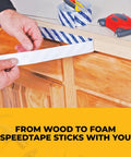 Peel And Stick SpeedTape Double Sided Adhesive Tape For Edge Banding, DIYers Friendly Bonding shown applied on wood surface.