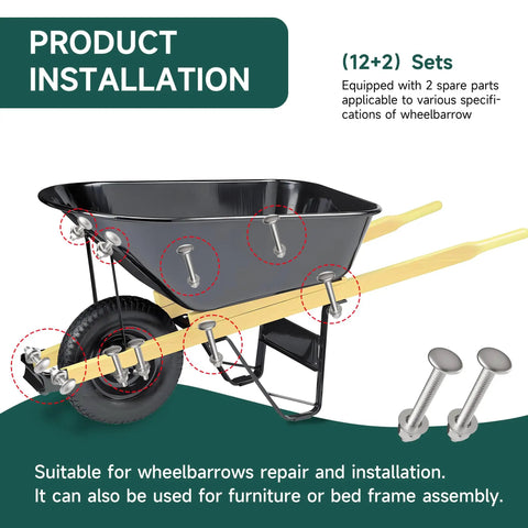 No Sweat Wheelbarrow Handle Replacement Kit 14 Piece 304 Stainless Steel Carriage Bolts and Nuts on a wheelbarrow for installation.