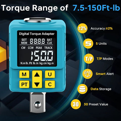 Half Inch Digital Torque Adapter with Color Display and Smart Alerts, showing digital screen and buttons for auto maintenance.