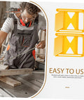 Premium Woodworking Featherboard With Ergonomic Knobs For Table Saws And Band Saws against a workbench, featuring adjustable clamps and a worker measuring wood.