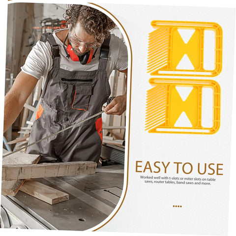 Premium Woodworking Featherboard With Ergonomic Knobs For Table Saws And Band Saws against a workbench, featuring adjustable clamps and a worker measuring wood.
