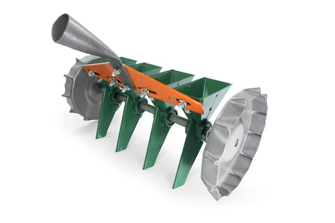 Metal Precision Manual Seeder For Vegetables And Greens Four Row Planting Tool with adjustable spacing, green and orange design