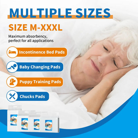 Heavy Duty Disposable Incontinence Bed Pads Extra Large 18 By 24 Inches 100 Count shown with various pad types for different uses.