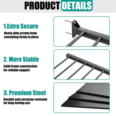 Product details showing parts of 33 Inch By 24 Inch Wall Mount Heavy Duty Garage Shelves 3 Pack Black Holds Up To 525 Lbs