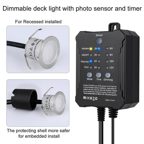 Smart Dimmable LED Deck Lights With Timer And Photocell Sensor, control box and recessed installation guide, IP67 waterproof