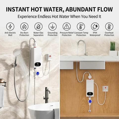 Compact Tankless Instant Electric Water Heater 3000W 110V Gotta Have Quick Hot Water This Tight Saver in bathroom and kitchen settings.