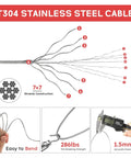 Diagram showing T304 stainless steel cable strands and specifications for Pro Grade Wire Rope Crimping Tool Kit With 328 Ft Stainless Cable.