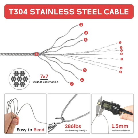 Diagram showing T304 stainless steel cable strands and specifications for Pro Grade Wire Rope Crimping Tool Kit With 328 Ft Stainless Cable.
