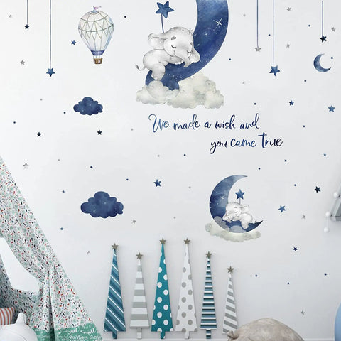 Watercolor Blue Grey Sleeping Elephant Wall Decals For Nursery And Kids Room With Moon Star Cloud Stickers And Hot Air Balloon Decor
