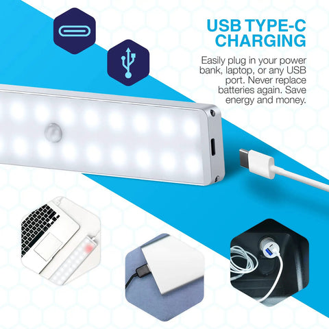 Rechargeable Motion Sensor Closet Light 3 Pack With 24 LED Night Lights and USB Type-C charging cable