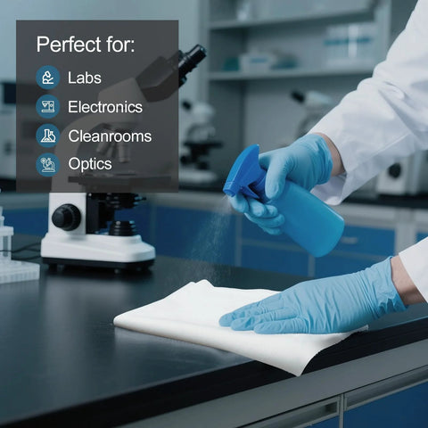 Front view of AAwipes cleanroom wipe, 9x9 in, 120 GSM polyester with laser-sealed edge, used in labs