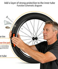 Man installing Two Pack Bike Tire Liners With Self Adhesive Puncture Proof TPU Tube Protectors 40mm Thick Shields Inner Tubes.