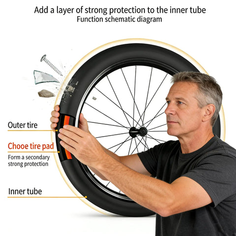 Man installing Two Pack Bike Tire Liners With Self Adhesive Puncture Proof TPU Tube Protectors 40mm Thick Shields Inner Tubes.