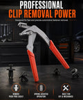 Push Pin Pliers That Make Car Clip Removal A Breeze, Quick Trim And Door Panel Clips Remover, Auto Plastic Fastener Tool Kit, Bumper Clips, Rivets, And Interior Repair Essentials, red-handled steel pliers on workbench
