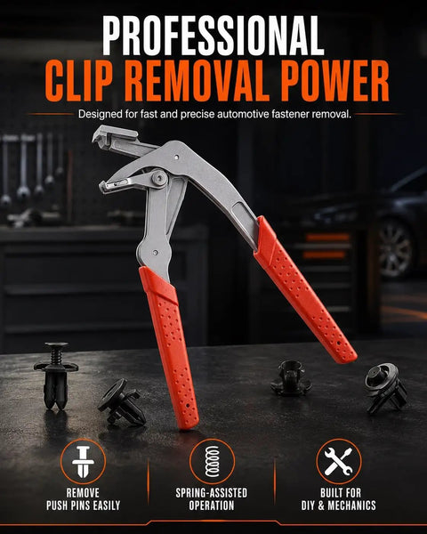 Push Pin Pliers That Make Car Clip Removal A Breeze, Quick Trim And Door Panel Clips Remover, Auto Plastic Fastener Tool Kit, Bumper Clips, Rivets, And Interior Repair Essentials, red-handled steel pliers on workbench