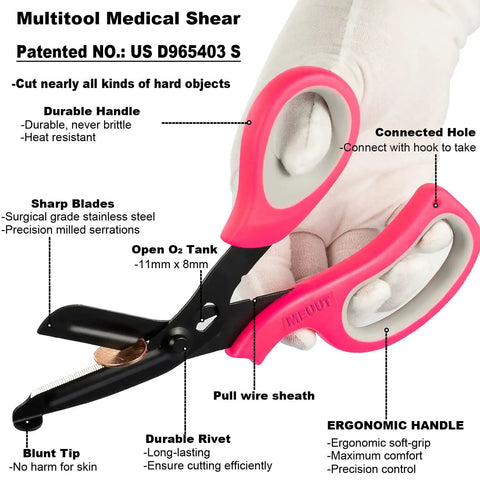 Ambidextrous Trauma Shears 2 Pack Pro Grade Medical Scissors For Nurses And EMTs 7.8 Inch Ultra Sharp 440 Stainless Steel Built Tough To Pass 150000 Cut Tests For Frontline Materials, pink handle close-up