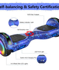 Self Balancing Scooter With Seat Attachment 6.5 Inch Wheels Go Kart Style With Colorful LED Lights And Bluetooth Star Blue