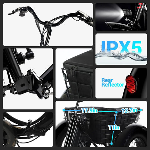 All-Terrain Three-Wheel Electric Tricycle For Adults With 20-Inch Fat Tires, 500W Peak Power, 36V 13Ah Lithium Battery, UL Certified, Foldable 80 Percent Assembled, Easy Off-Road E Bike For Beach Snow Gravel And City Streets. close-up of handlebar, IPX5 frame, rear reflector and cargo basket