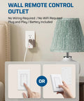 Remote Control Outlet And Wireless Wall Mounted Light Switch For Lamps Fans And Household Appliances No Wiring Needed Plug In Power Switch 100 Feet RF Range ETL Listed Programmable Detachable Wall Mount with basic plug setup next to table lamp.