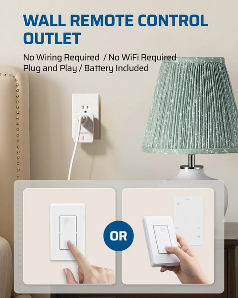Remote Control Outlet And Wireless Wall Mounted Light Switch For Lamps Fans And Household Appliances No Wiring Needed Plug In Power Switch 100 Feet RF Range ETL Listed Programmable Detachable Wall Mount with basic plug setup next to table lamp.