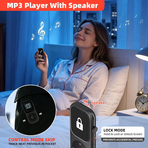 Woman enjoying music on Dope 128GB Bluetooth 5.3 MP3 Player With Built-In Speaker in bedroom at night.