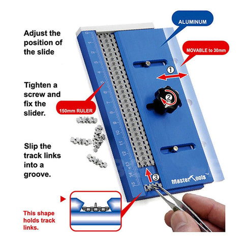 RC Tank Track Link Assembly Jig For Easy Track Link Installation, Portable Chain Wheel Tool with adjustable slide and ruler.