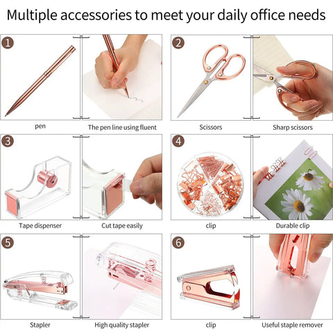 Rose Gold Dope All In One Desk Accessory Set for Your Home Office featuring an acrylic stapler, scissors, and tape dispenser.