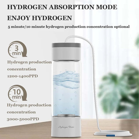 Hydrogen Rich Water Generator Bottle With Glass Cup Body SPE PEM Dual Chamber Ionizer H2 Inhalation Device on table