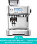 Daily Grind Premium Stainless Steel Espresso Machine With Reliable Built In Grinder And Manual Steam Wand For Killer Lattes and Effortless Morning Rituals At Home on countertop with LCD display.