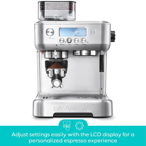 Daily Grind Premium Stainless Steel Espresso Machine With Reliable Built In Grinder And Manual Steam Wand For Killer Lattes and Effortless Morning Rituals At Home on countertop with LCD display.
