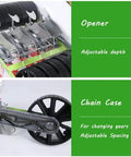 Opener and chain case details of Compact Manual Garden Seed Spreader Workhorse And Planter Tool For One Row Seed Distribution Handheld