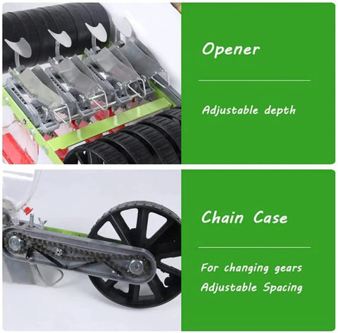 Easy To Use Garden Seed Spreader Handheld Manual Seeder for Peanut Corn and Bean planting showing adjustable opener and chain case.