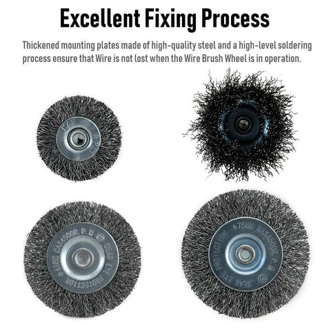 Four wire brush wheels from Six Piece Wire Brush Wheel And Cup Brush Set For Drill With One Quarter Inch Arbor And 0.012 Inch Crimped Carbon Steel Wires For Rust Removal Stripping And Abrasive Cleaning On Big Surfaces And Tight Corners displayed.