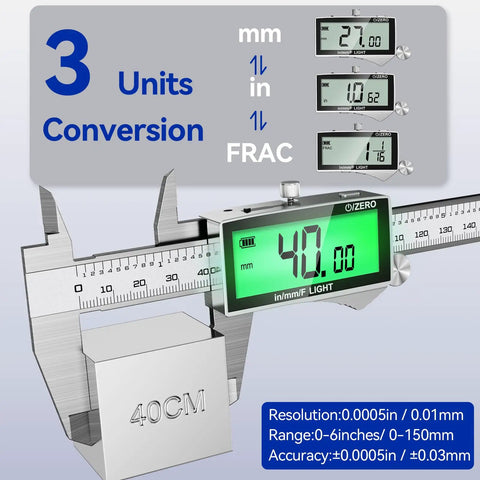 Rechargeable Digital Caliper 6 Inch With Backlit LCD displays measurements in mm, inches, and fractions with Type C charging port.