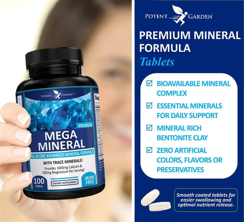 Person holding a bottle of Mega Mineral Supplement Complete Mineral Complex With Calcium Magnesium Zinc Potassium Boron Selenium Chromium And 72 Trace Minerals Iron Free Calcium Supplement 100 Pills