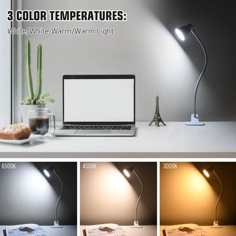 Clamp On Desk Lamp Clip On Reading Light With Adjustable Color Temperature From 3000K To 6500K displayed in three color temperatures