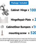 Package contents of 100 Pack Self Closing Concealed Cabinet Hinges For One Half Inch Overlay Face Frame Cabinets with repair plates, bumpers, and screws.