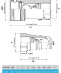 1/2 in NPT hydraulic quick-connect tractor couplers ISO 5675 ball/Pioneer with dust caps, 2 sets; 2-view drawing