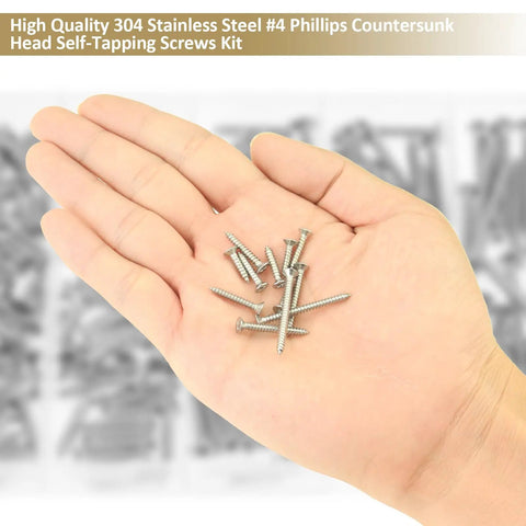 Pro Grade Four Gauge Stainless Steel Wood Screws Countersunk Phillips Head Self Tapping Assortment Kit 202 Piece Set held in hand